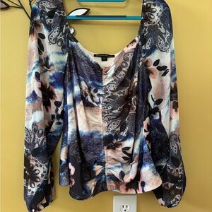 Boston Proper Blue and White Asymmetrical Ruched Long Sleeve Blouse